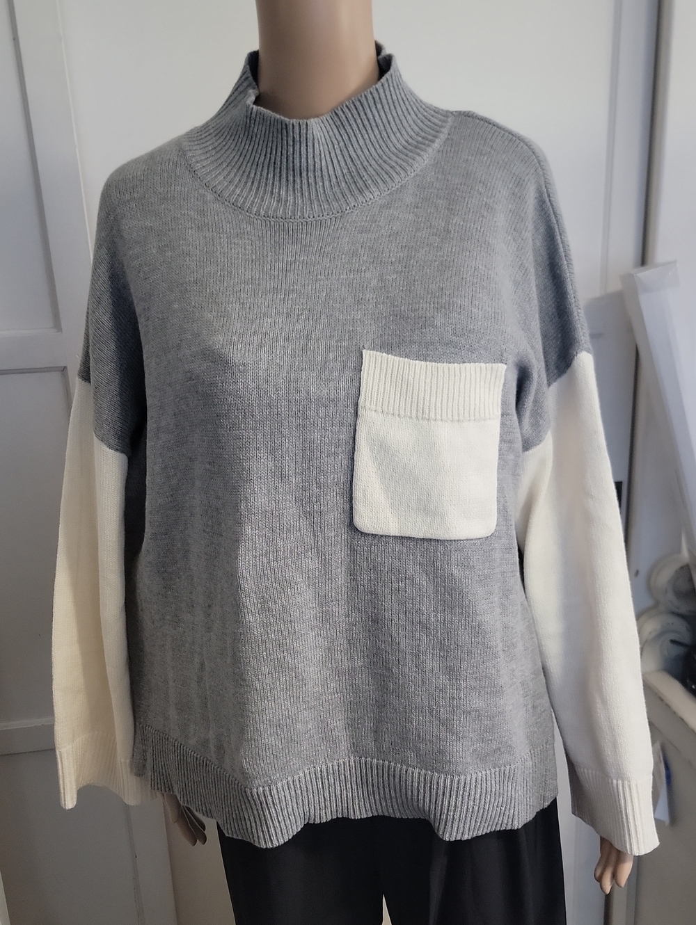 Grey and Cream Mock Neck Colorblock Pocket Sweater